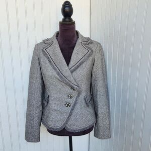 CACHE Blazer Jacket Silver Gray Tweed Metallic Wool Linen Blend Chain Stitch S